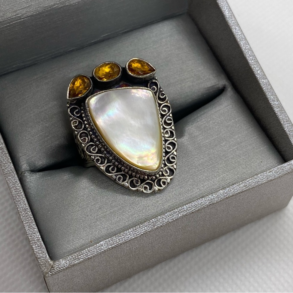 Mothher of Pear, citrine tear drops 925 silver ring size 9